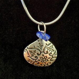 Handmade Unique Elegant Silver Pendant Necklace with Blue Accent 16' chain.